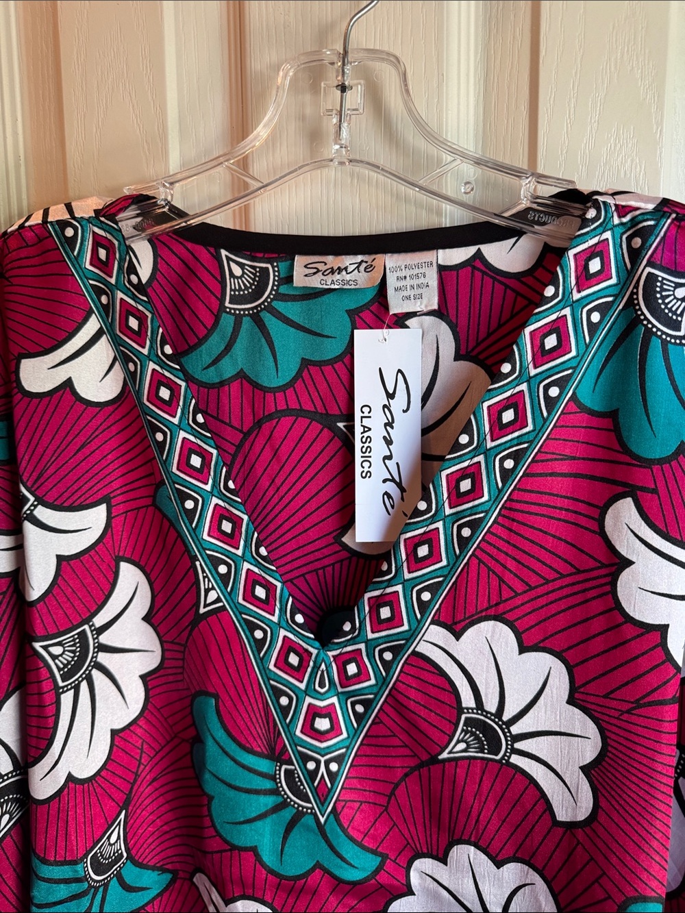 NWT SANTE CLASSICS RED GREEN BLACK & WHITE FLORAL CAFTAN ONE SIZE